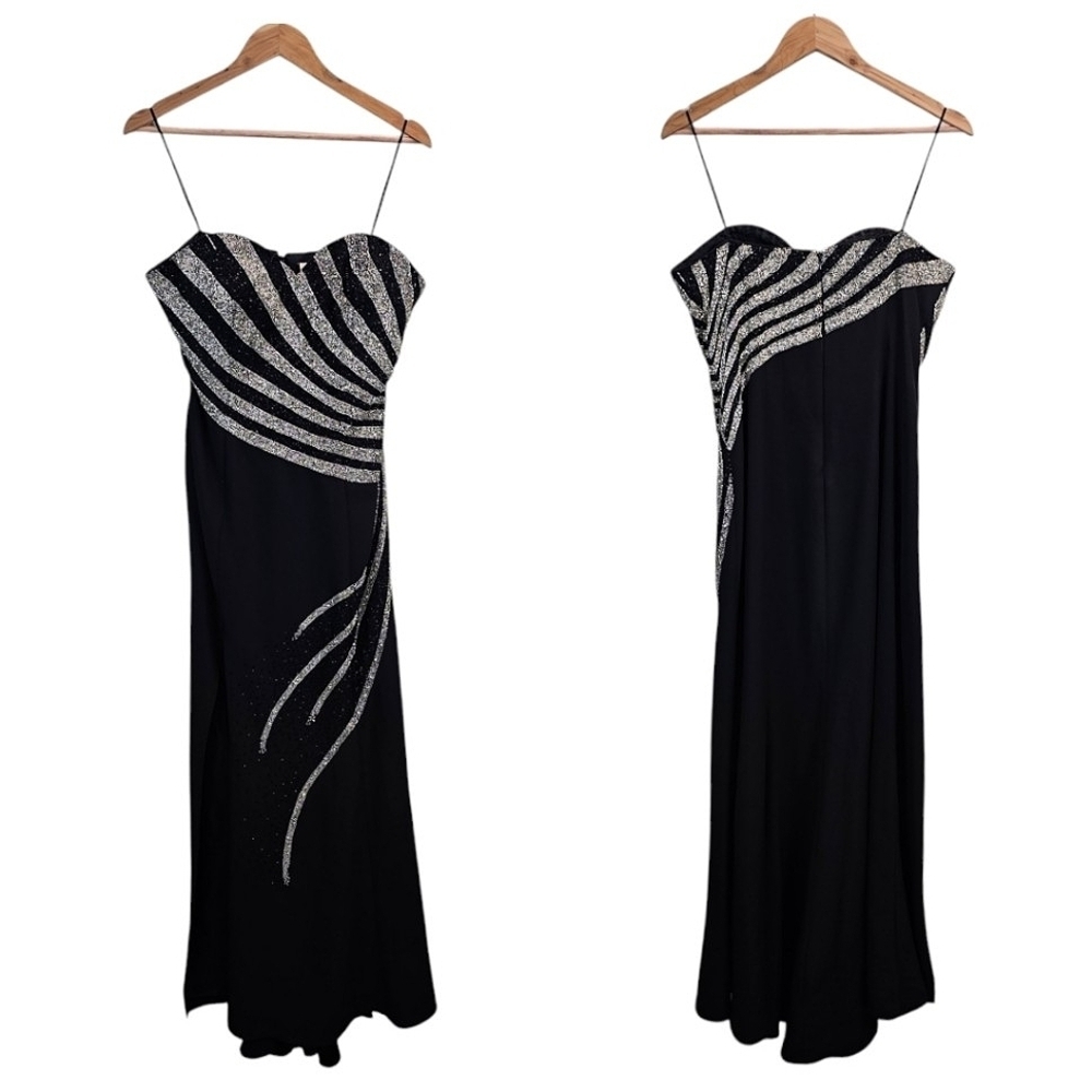 VTG Cassandra Stone Elegant Black Silver Beaded Evening Dress Side Slit Sz 12